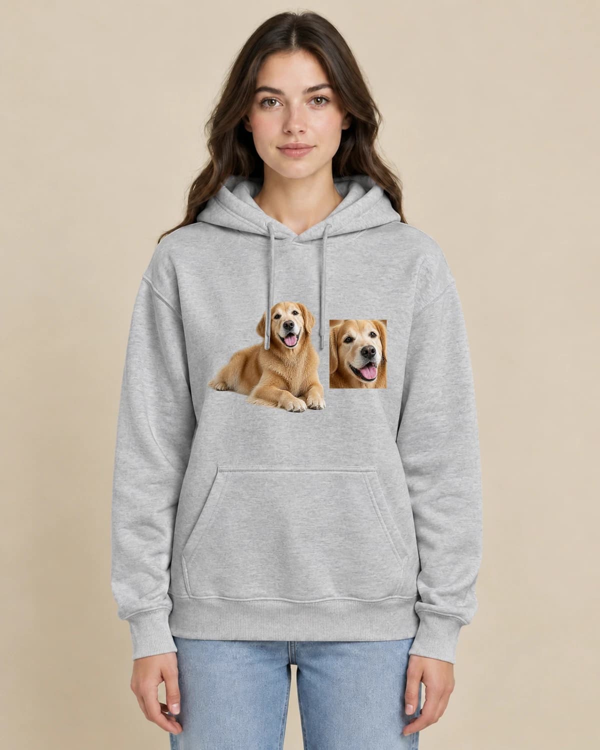 Dog Photo Remembrance on a woman wearing the classic unisex pullover; illustrative styling