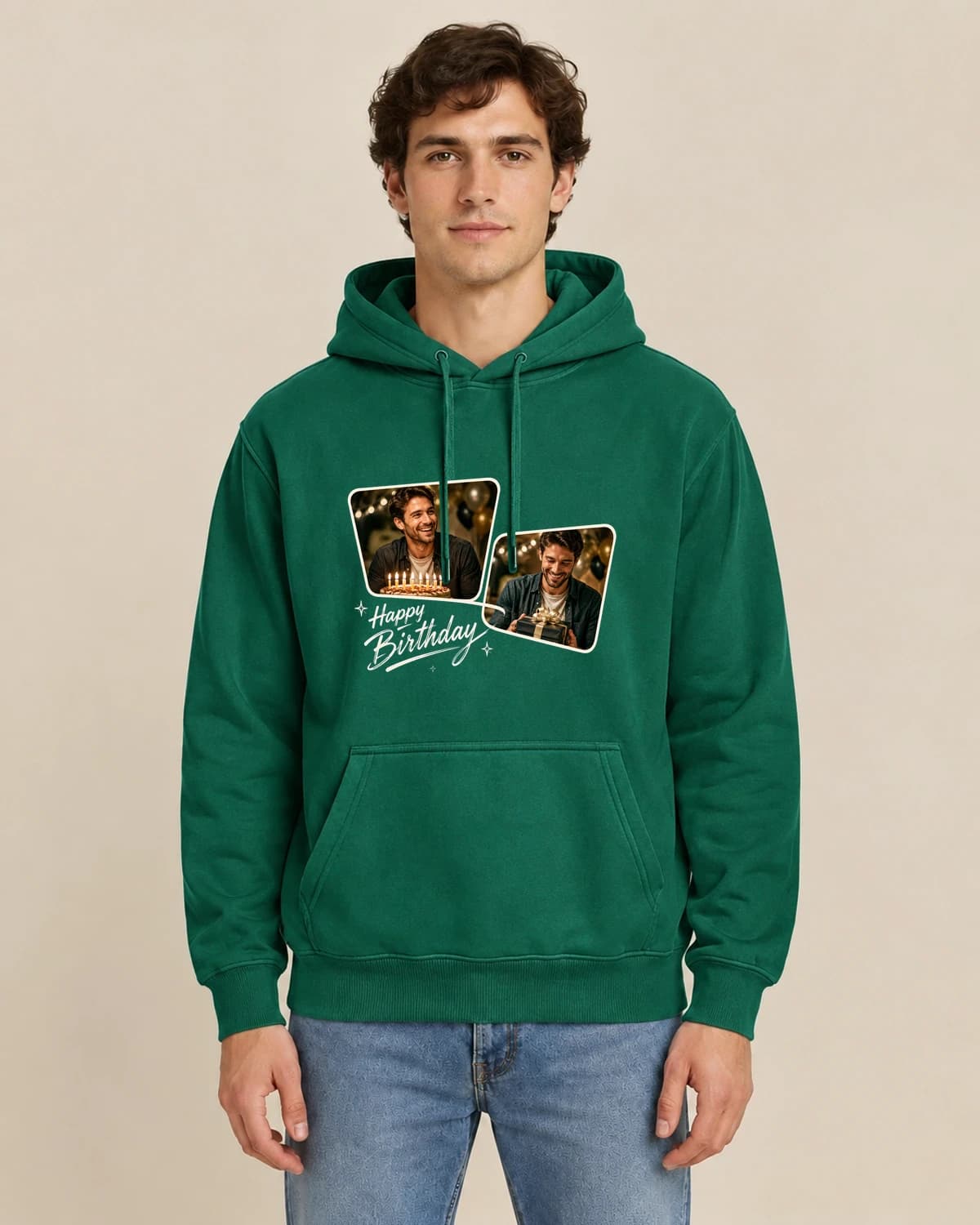 Birthday Photo Moments, men's styling of the same unisex hoodie