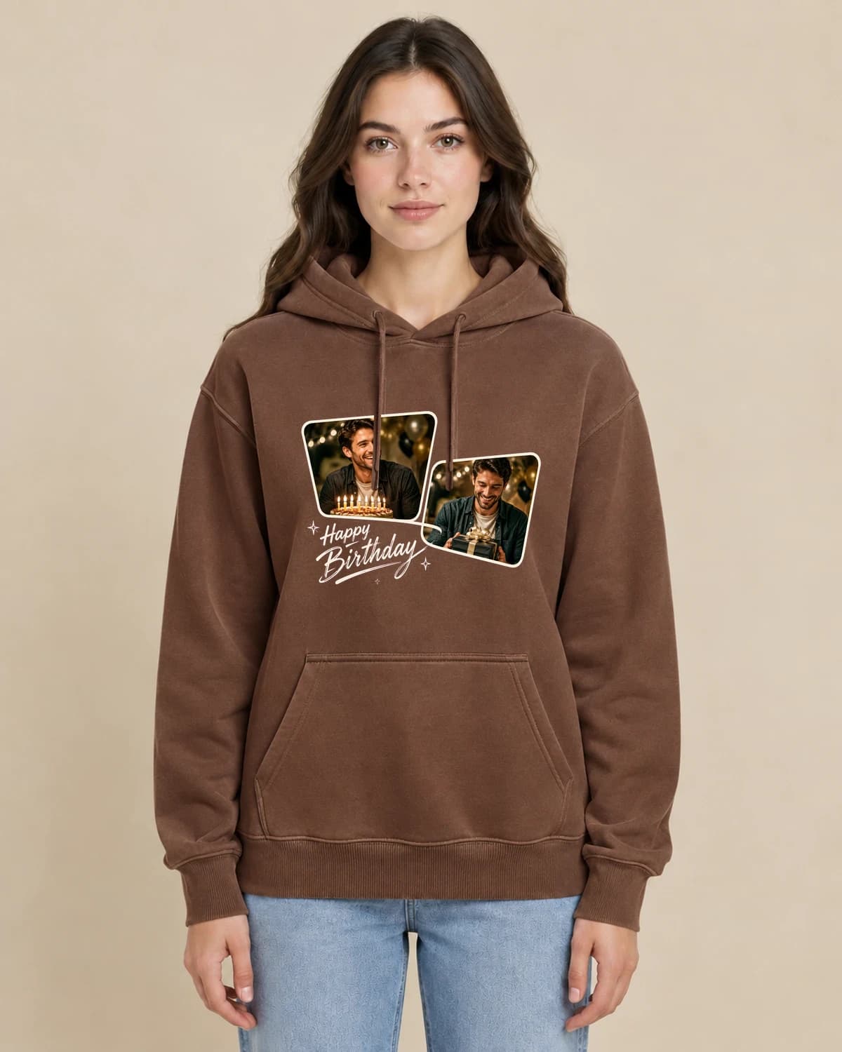 Birthday Photo Moments on a woman wearing the classic unisex pullover; illustrative styling