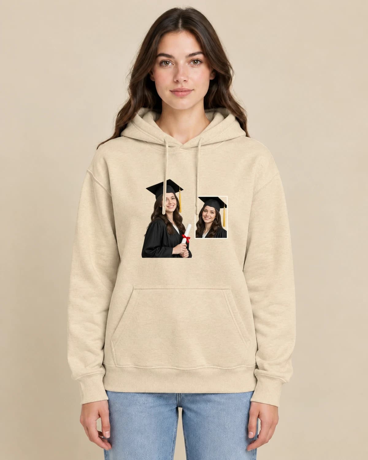 Graduate Photo Journal on a woman wearing the classic unisex pullover; illustrative styling