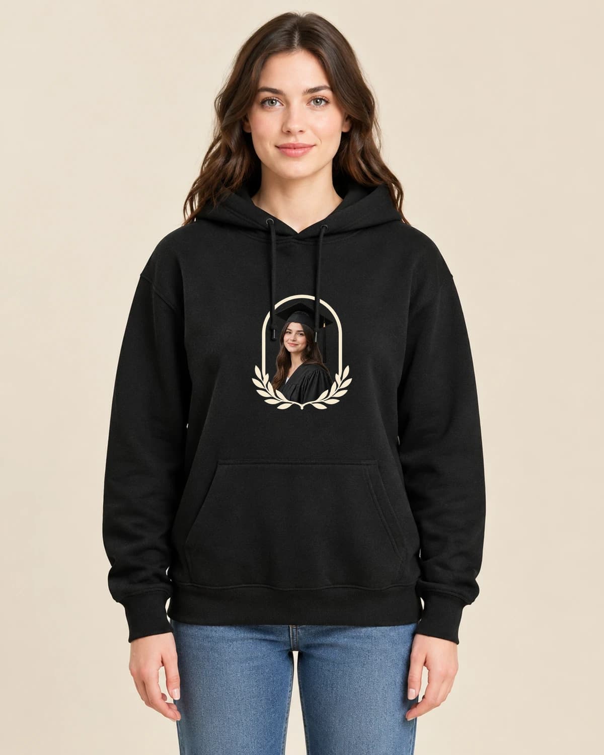 Graduate Quiet Arch on a woman wearing the classic unisex pullover; illustrative styling