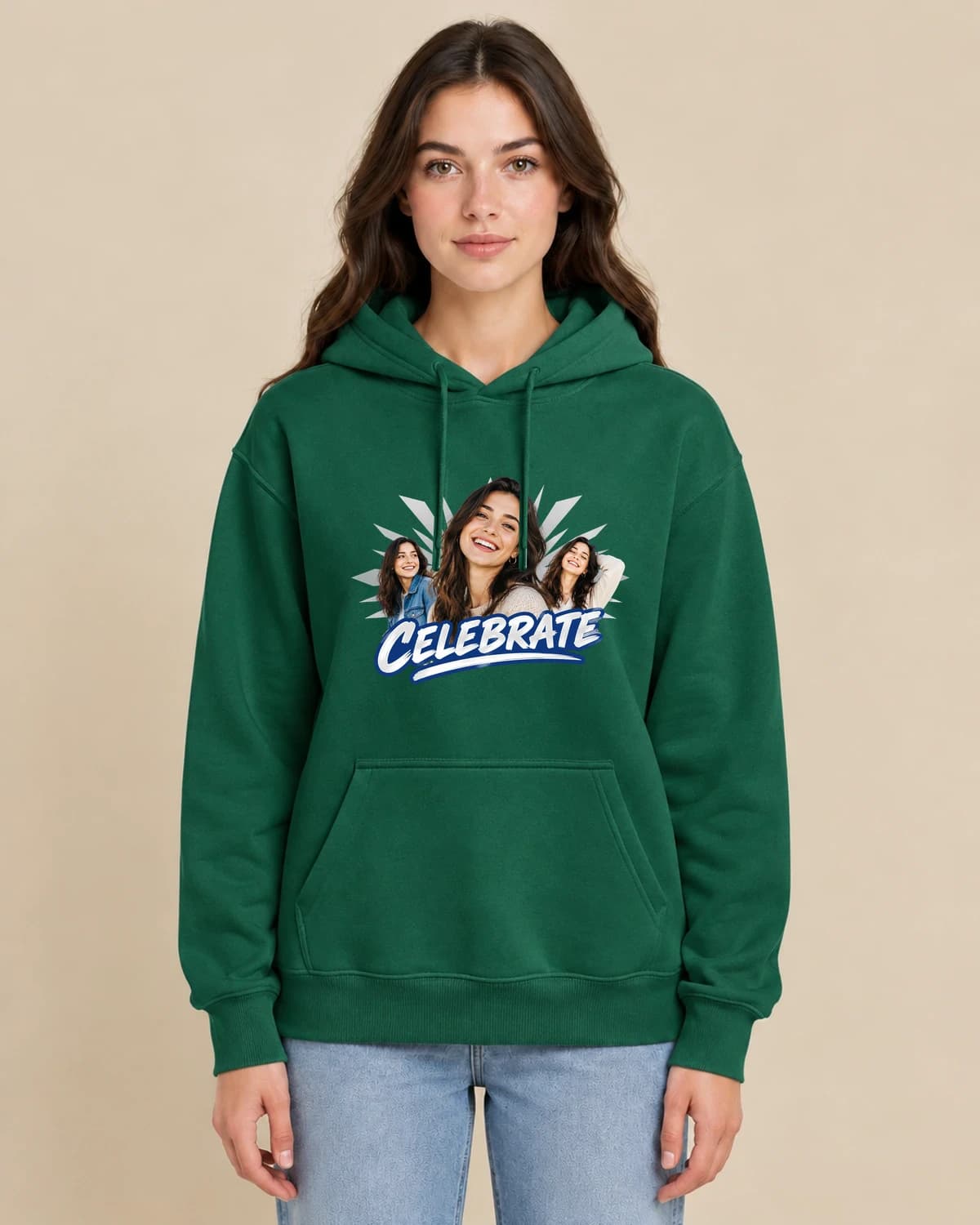 Custom birthday photo hoodies, illustrated on a woman wearing the classic unisex pullover