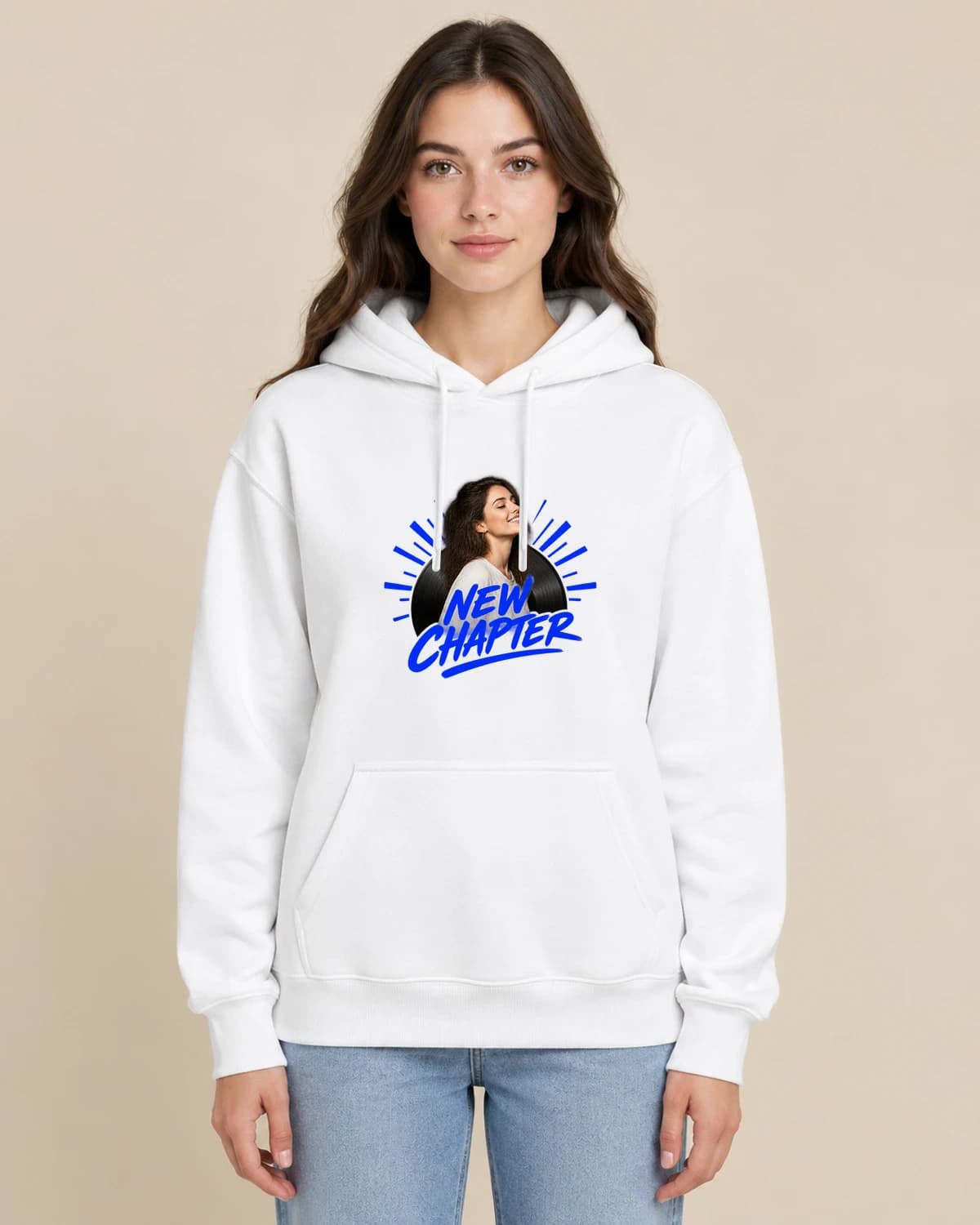 Birthday Record Drop on a woman wearing the classic unisex pullover; illustrative styling