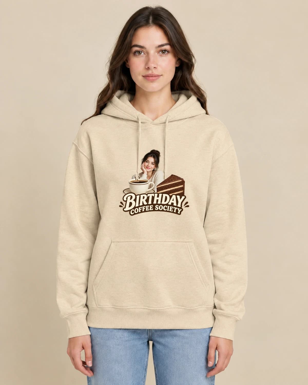 Birthday Coffee Society on a woman wearing the classic unisex pullover; illustrative styling