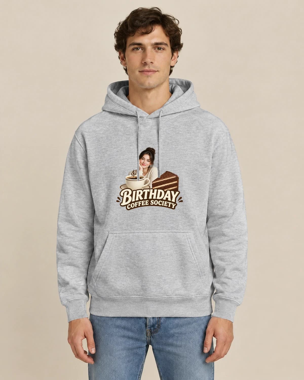 Birthday Coffee Society, men's styling of the same unisex hoodie