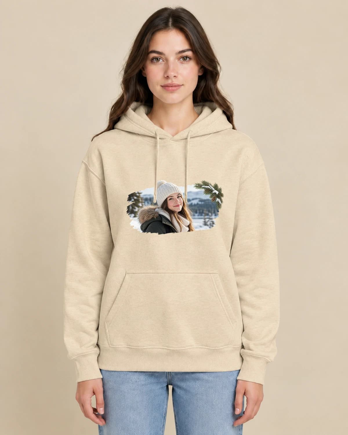Christmas Photo Story on a woman wearing the classic unisex pullover; illustrative styling