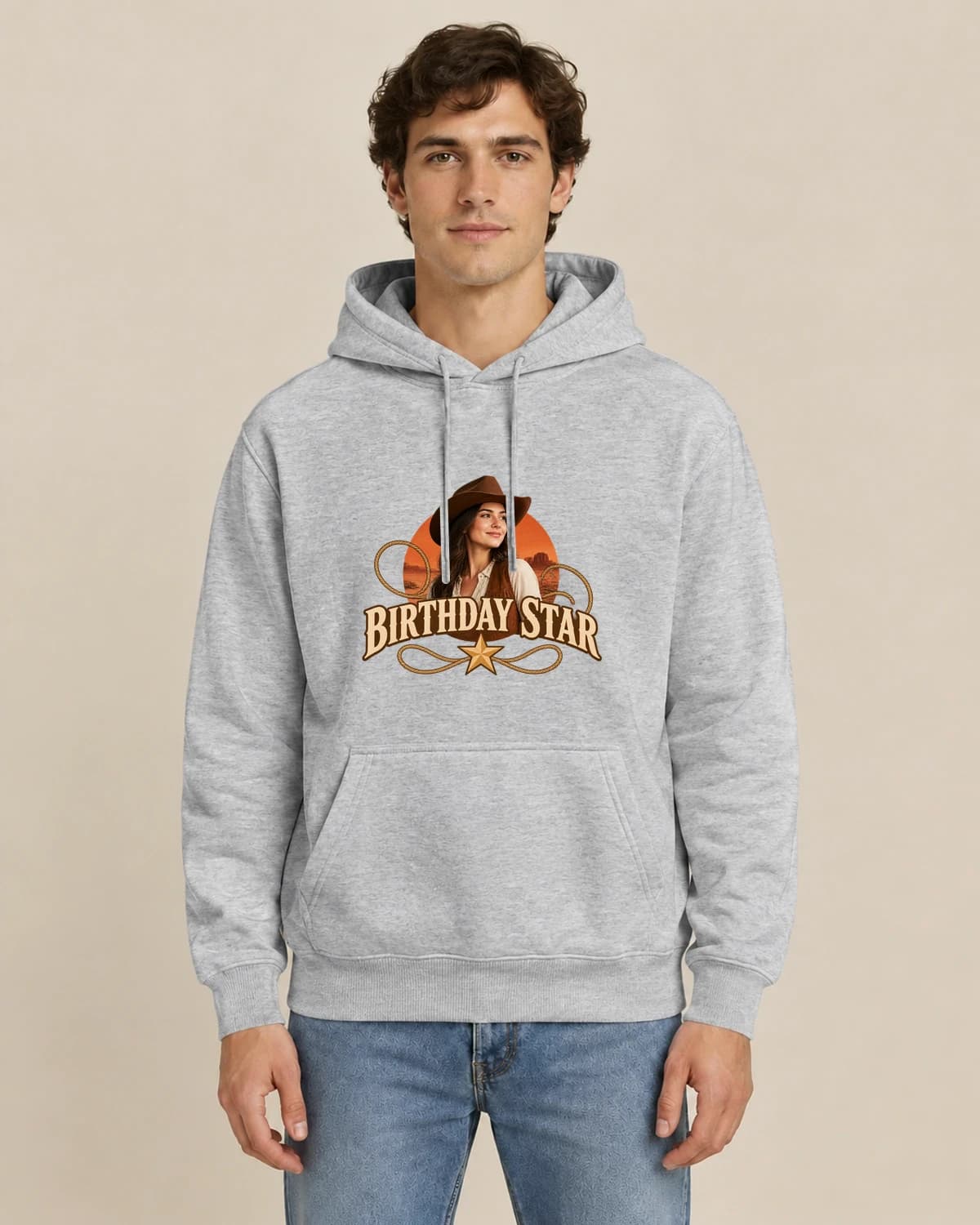 Birthday Desert Star, men's styling of the same unisex hoodie