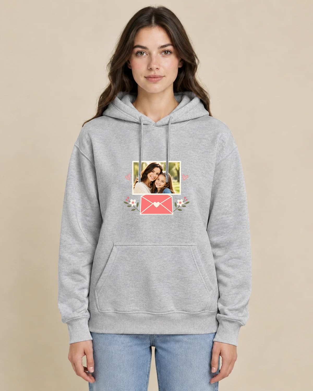 Mothers Day Photo Letter on a woman wearing the classic unisex pullover; illustrative styling