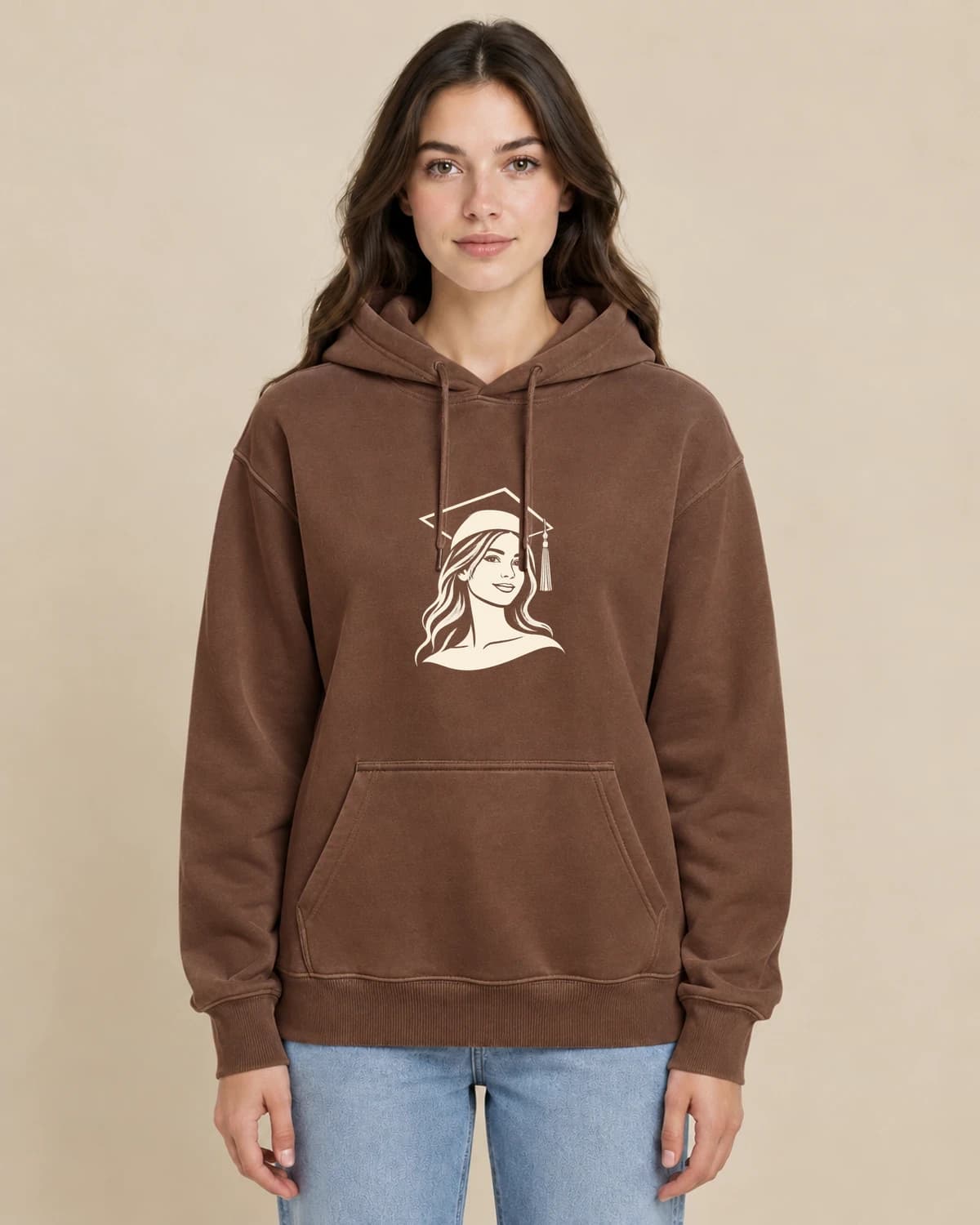 Graduate Contour on a woman wearing the classic unisex pullover; illustrative styling