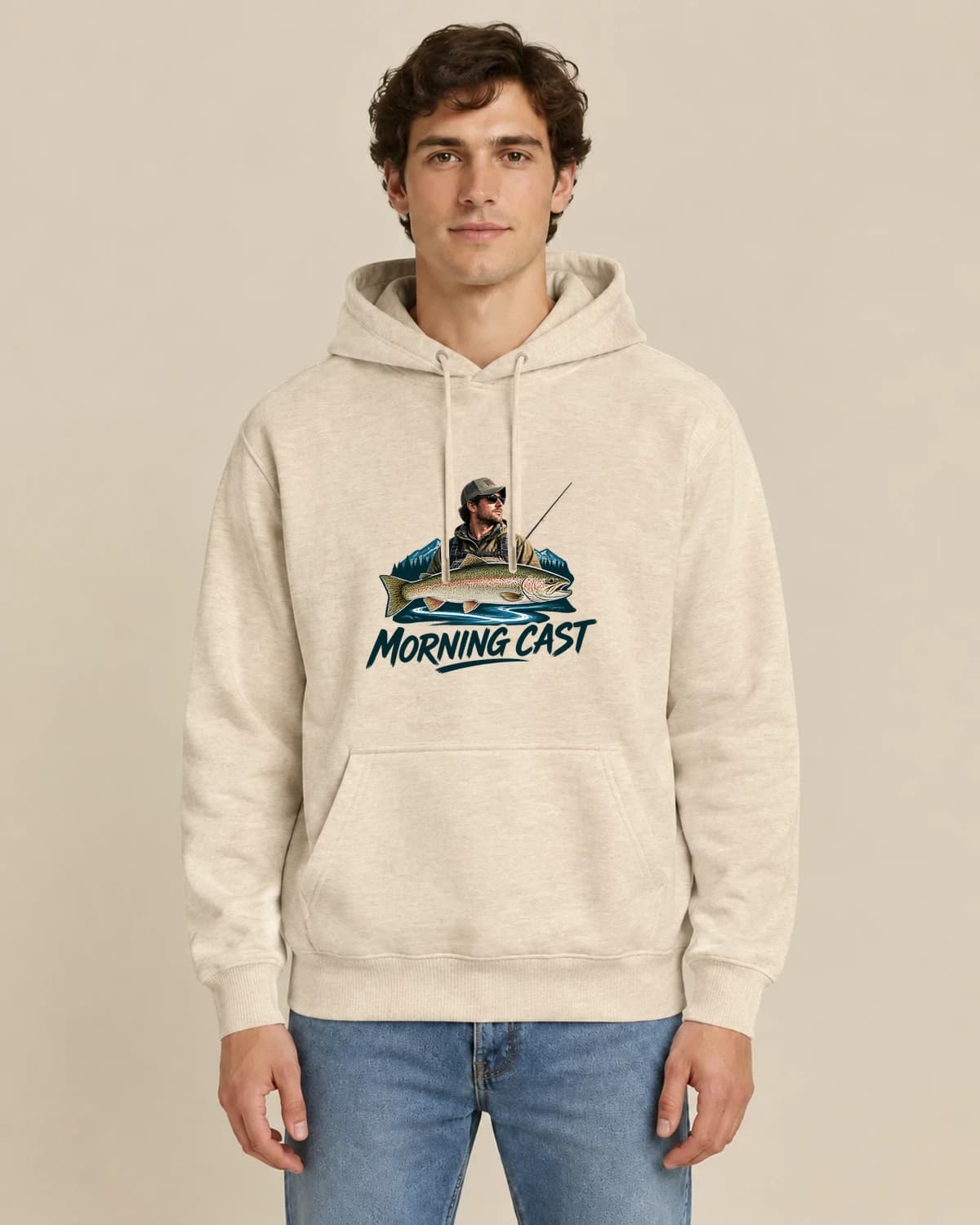 Fishing Morning Club, men's styling of the same unisex hoodie