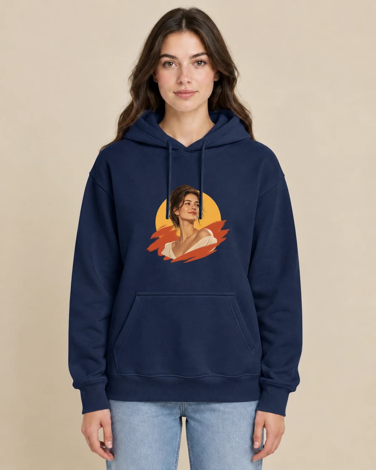 Birthday Golden Hour on a woman wearing the classic unisex pullover; illustrative styling