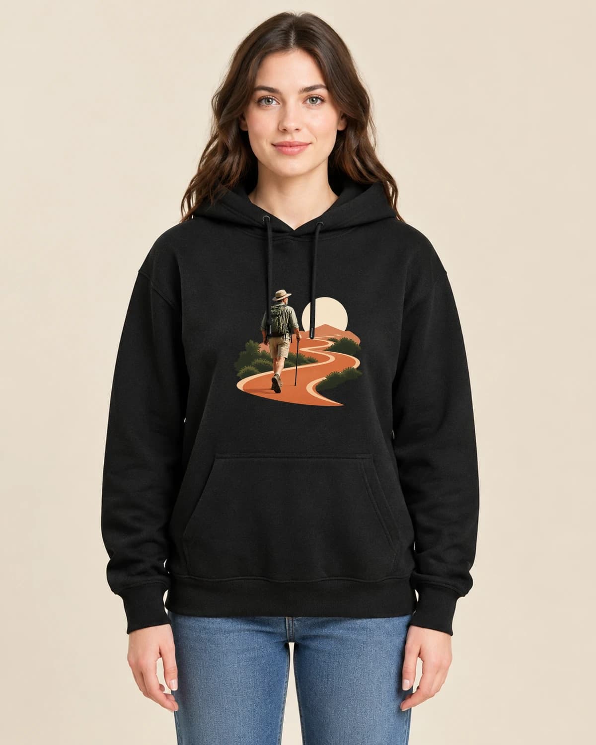 Retirement Golden Trail on a woman wearing the classic unisex pullover; illustrative styling