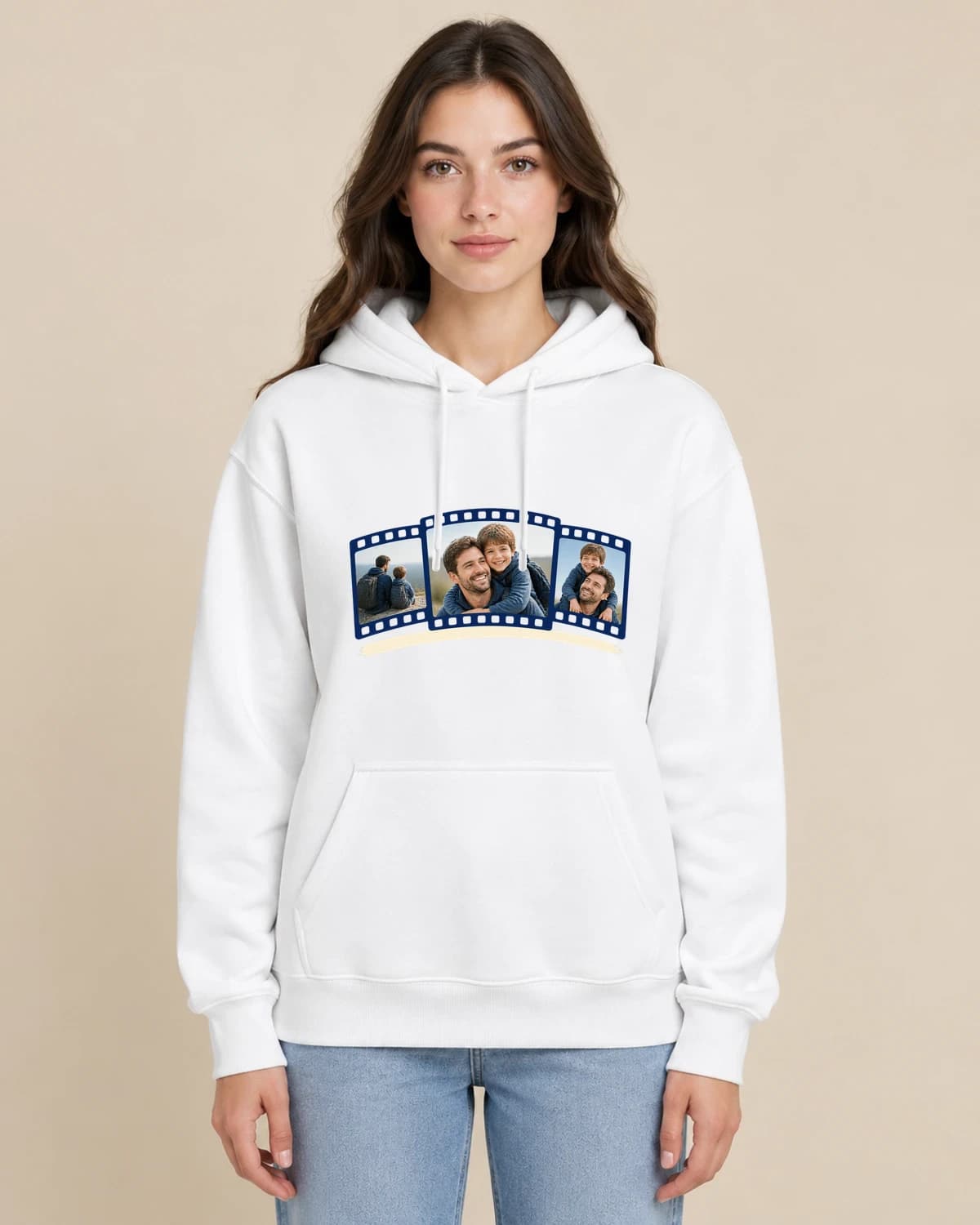 Fathers Day Photo Reel on a woman wearing the classic unisex pullover; illustrative styling