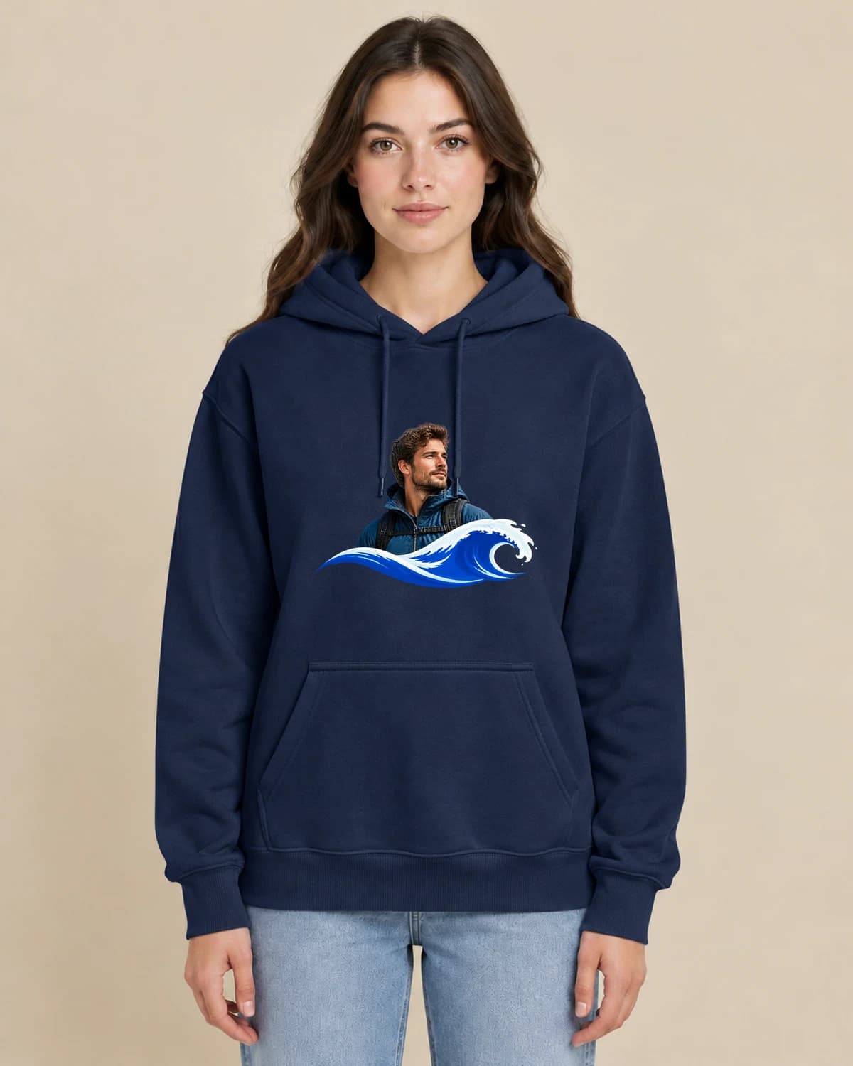 Coastal Wave Portrait on a woman wearing the classic unisex pullover; illustrative styling