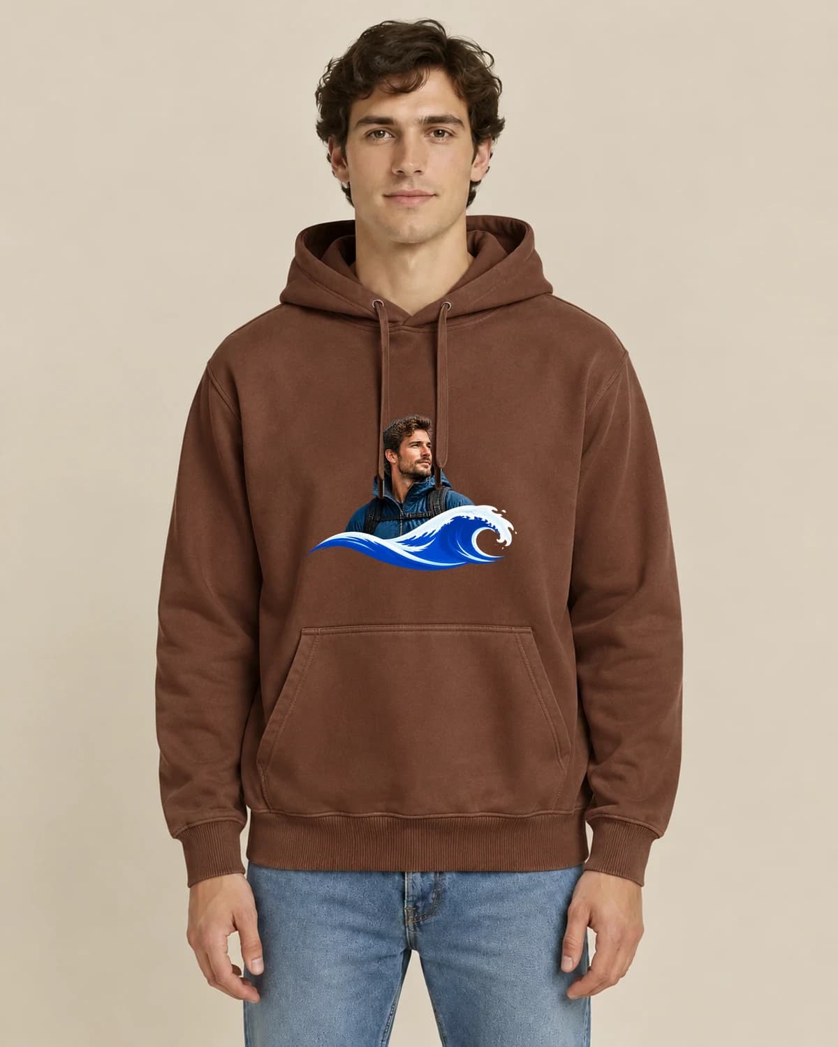 Coastal Wave Portrait, men's styling of the same unisex hoodie