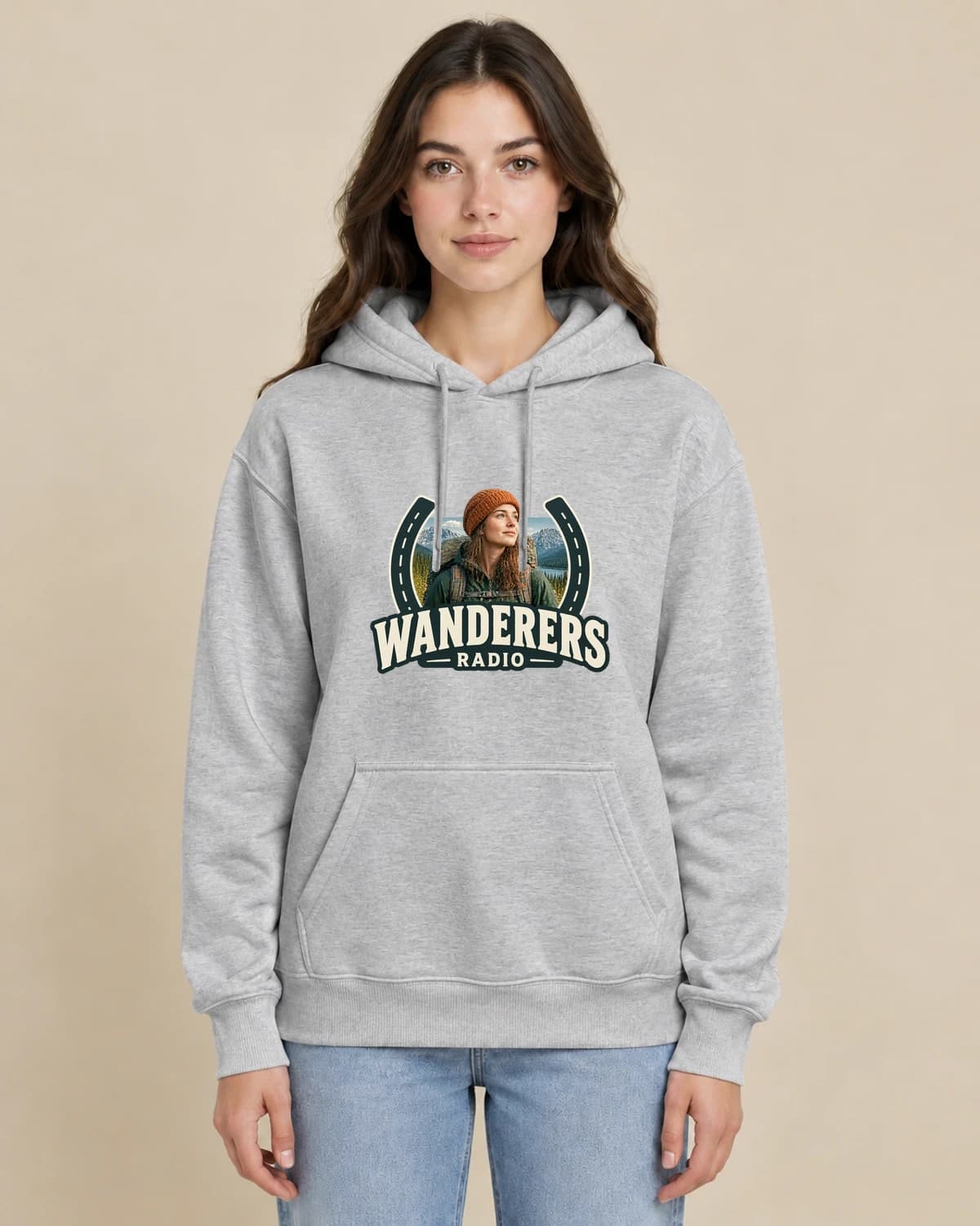 Wanderers Radio on a woman wearing the classic unisex pullover; illustrative styling