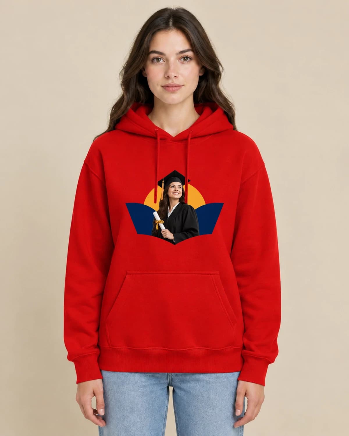 Graduate Sunprint on a woman wearing the classic unisex pullover; illustrative styling