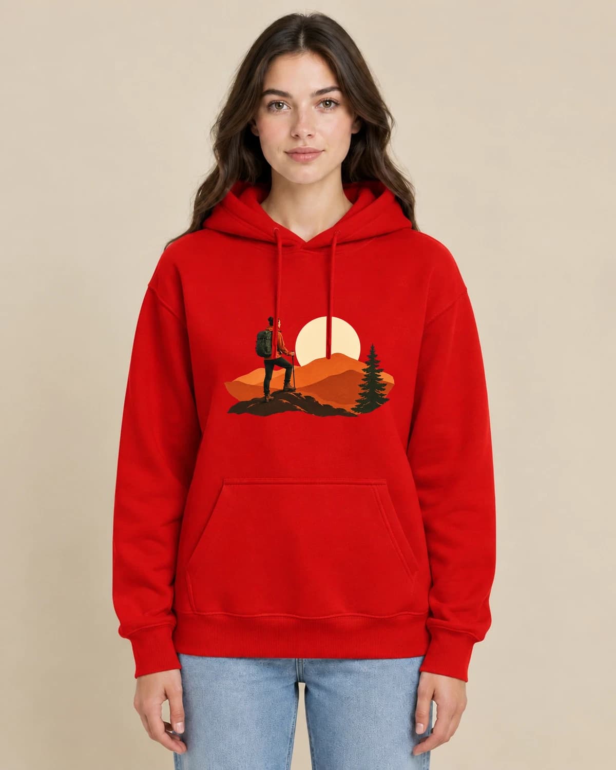Camp Sunset Cutpaper on a woman wearing the classic unisex pullover; illustrative styling