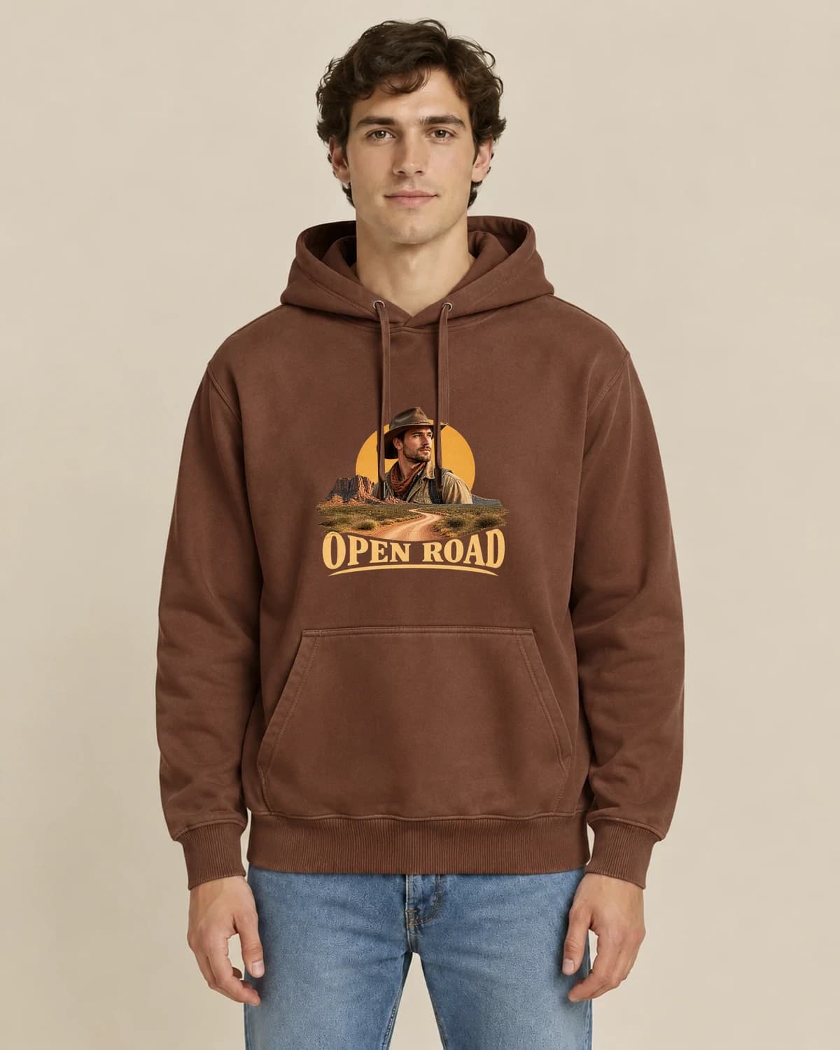 Take the memory outside: Desert Rider Portrait hoodie design; Brown styling