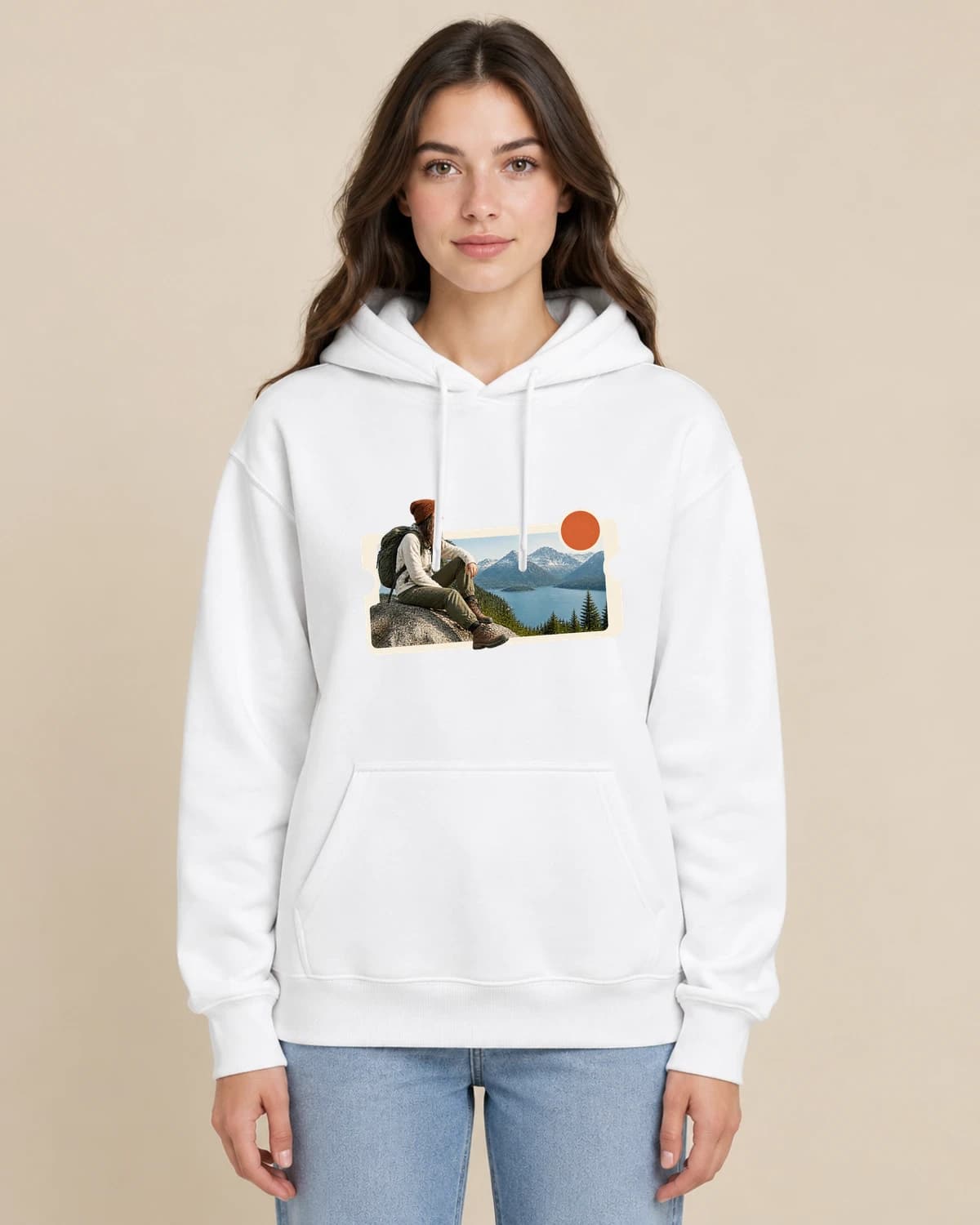 Roadtrip Photo Ticket on a woman wearing the classic unisex pullover; illustrative styling