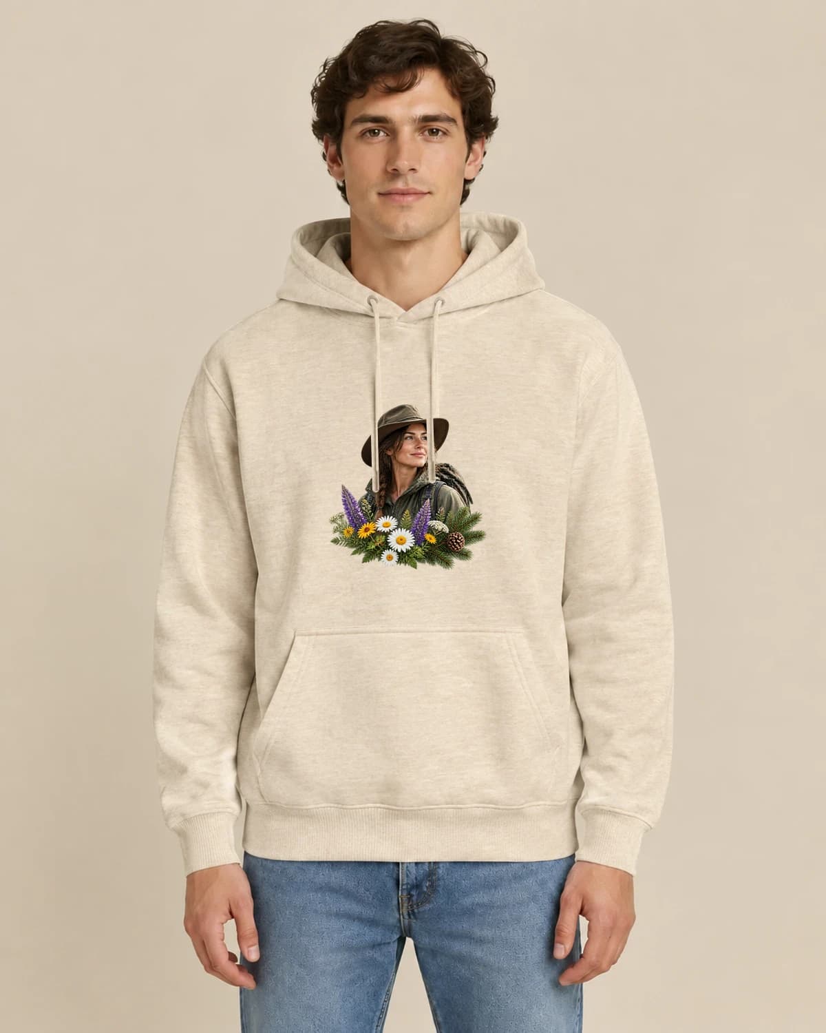 Camp Wildflower Muse, men's styling of the same unisex hoodie