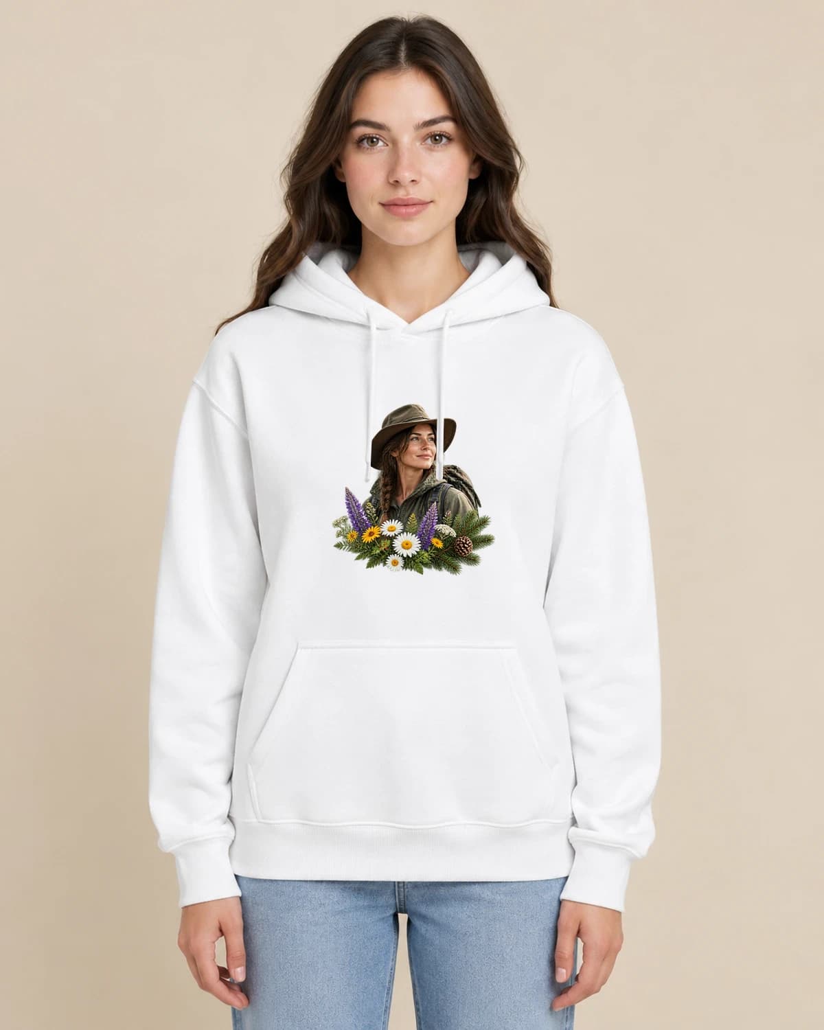 Camp Wildflower Muse on a woman wearing the classic unisex pullover; illustrative styling