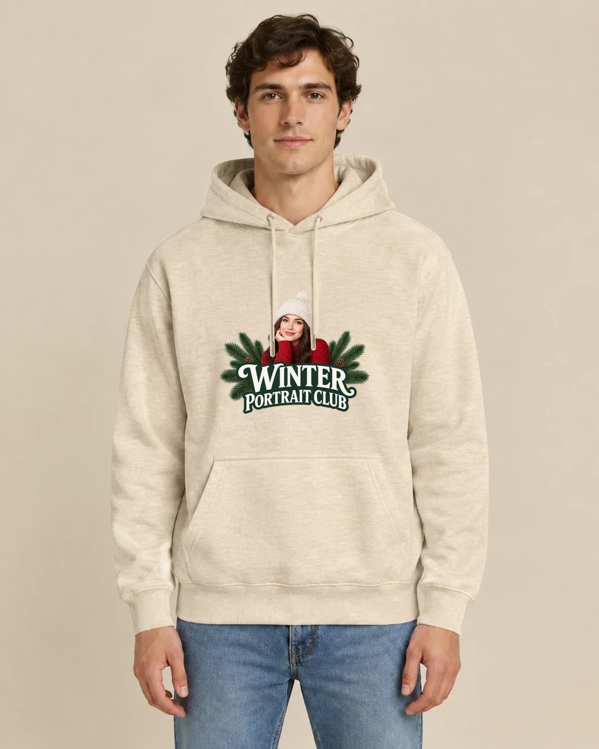 Christmas Portrait Club, men's styling of the same unisex hoodie