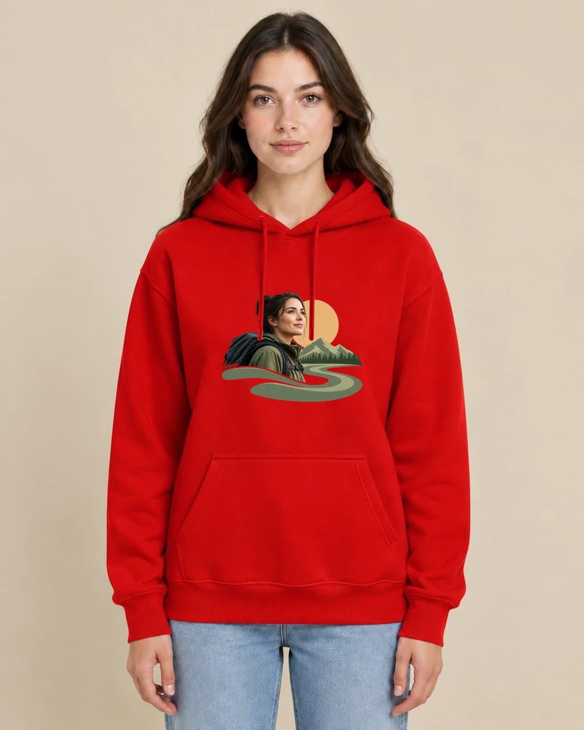 Riverbank Portrait on a woman wearing the classic unisex pullover; illustrative styling