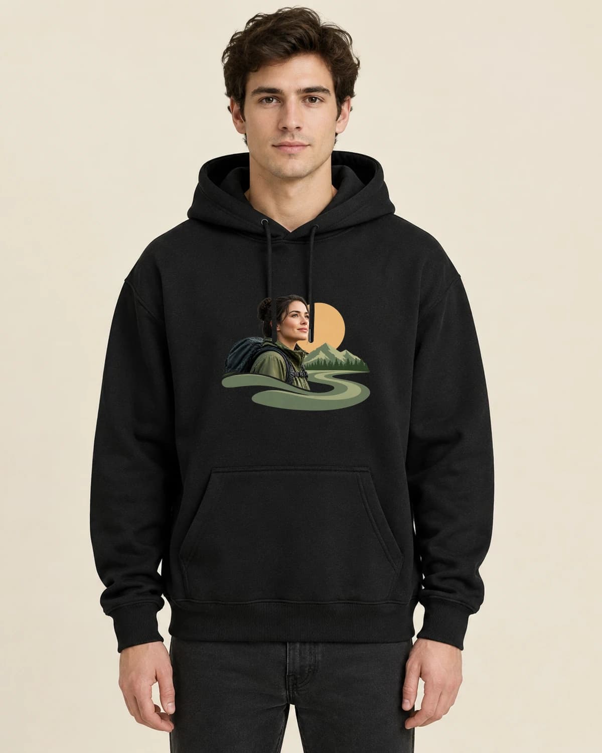 Riverbank Portrait, men's styling of the same unisex hoodie