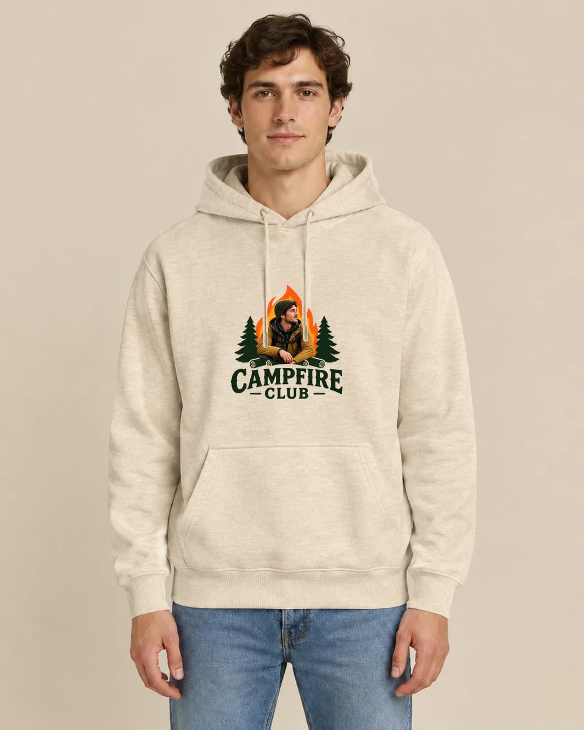 Campfire Portrait Club, men's styling of the same unisex hoodie