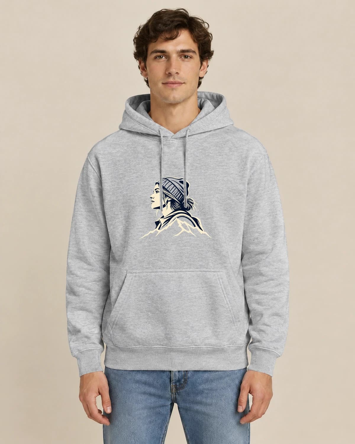Trail Ink Portrait, men's styling of the same unisex hoodie