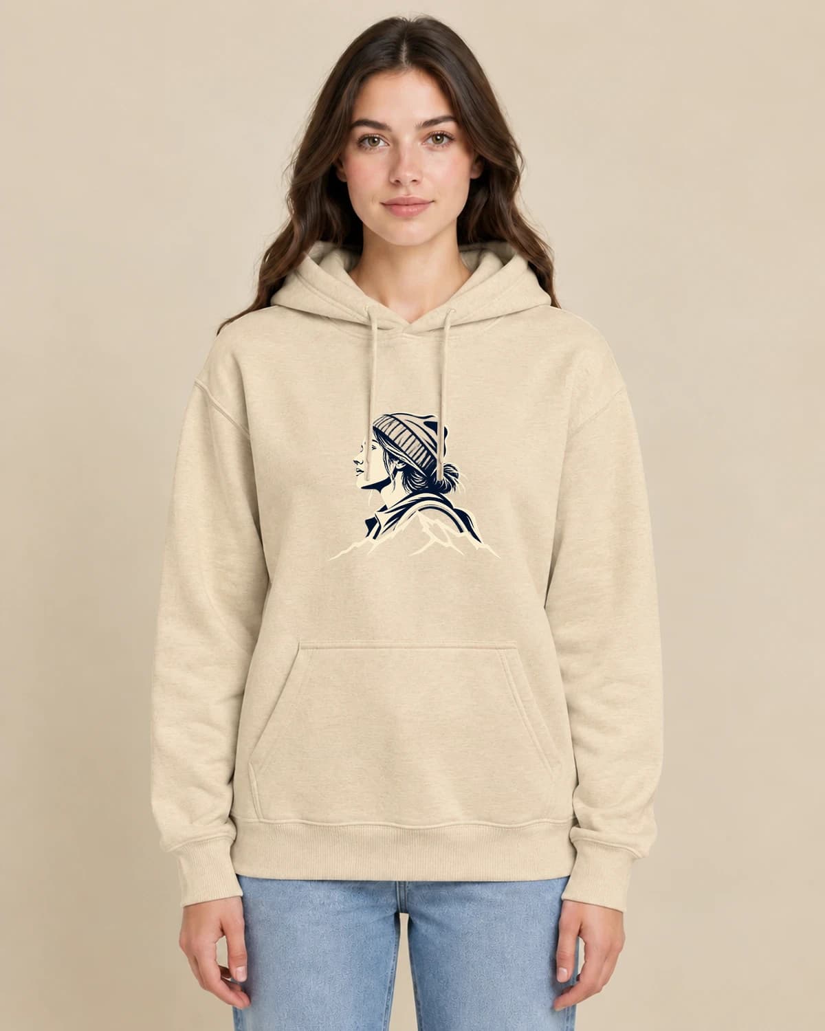 Trail Ink Portrait on a woman wearing the classic unisex pullover; illustrative styling