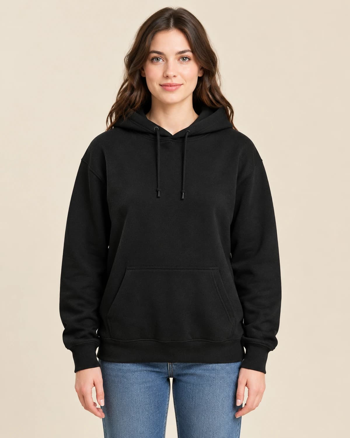 Black classic unisex pullover; illustrative female styling