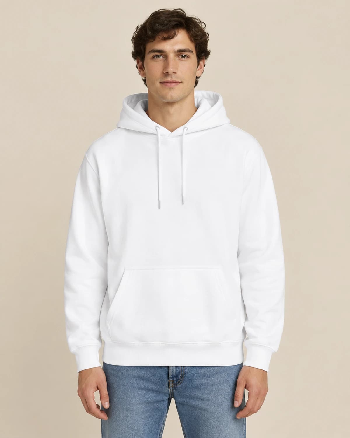 White classic unisex pullover; illustrative male styling