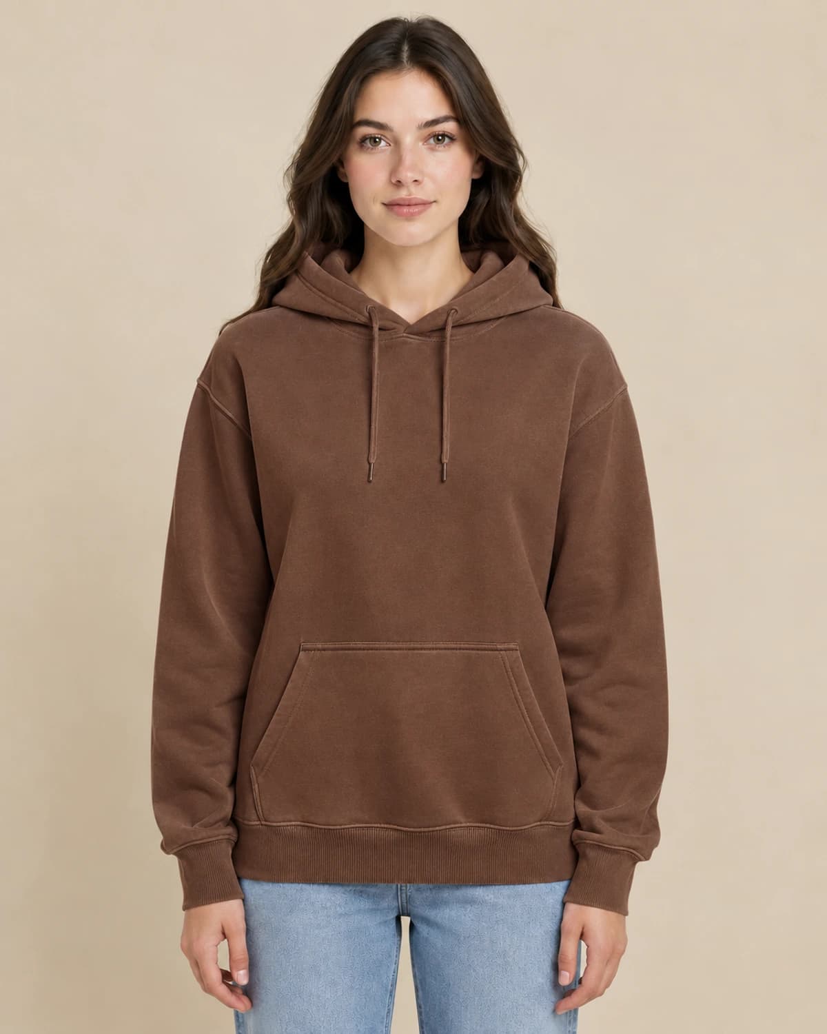 Brown classic unisex pullover; illustrative female styling