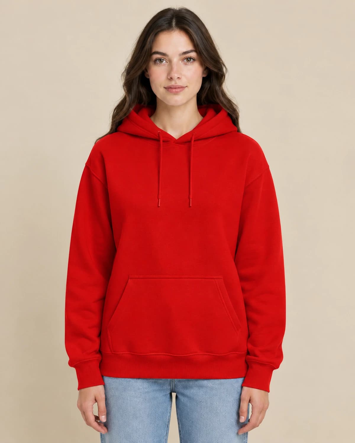 Red classic unisex pullover; illustrative female styling