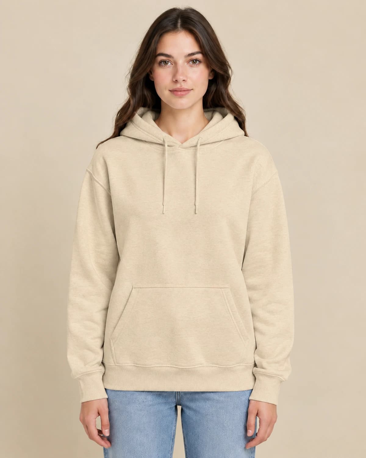 Khaki classic unisex pullover; illustrative female styling
