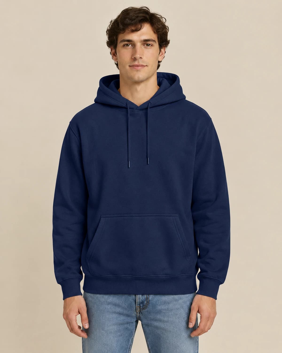 Navy Blue classic unisex pullover; illustrative male styling