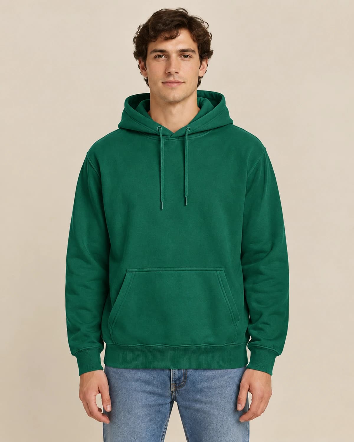 Kelly Green classic unisex pullover; illustrative male styling