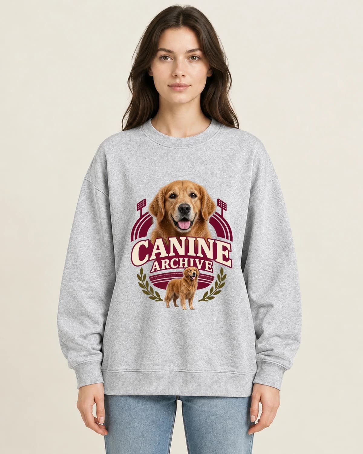 The photo headliner: Canine Stadium Archive on women's crewneck; illustrative styling