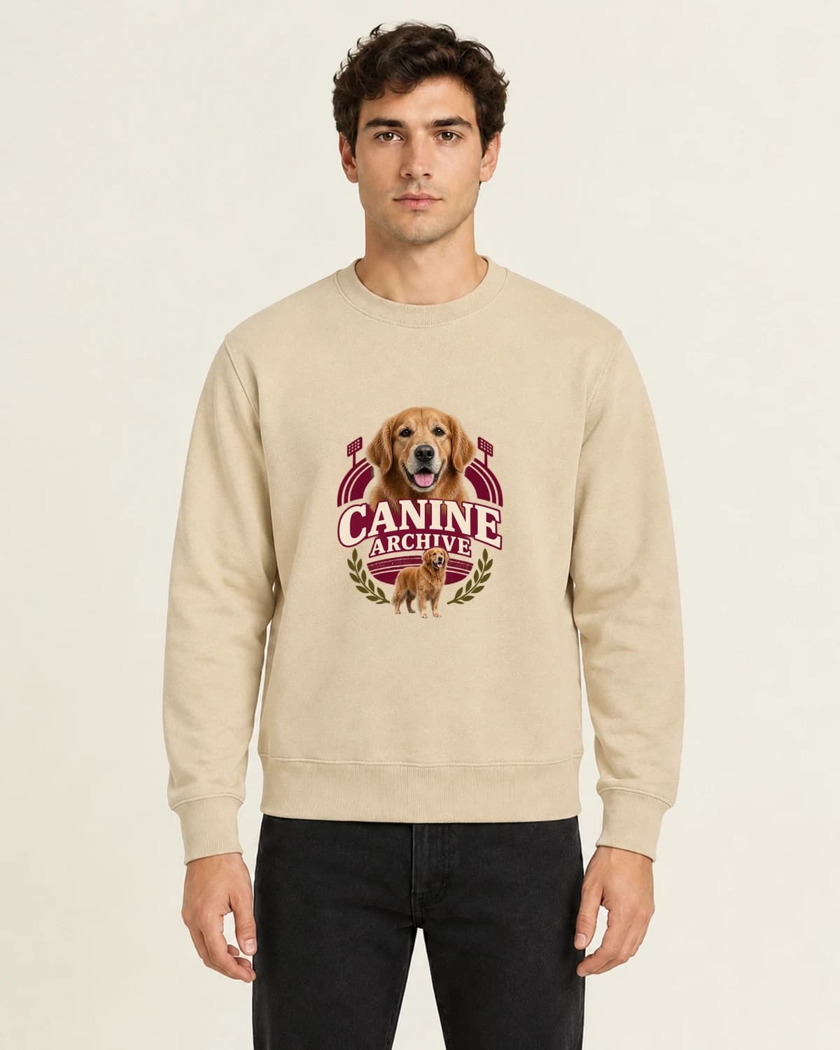 Canine Stadium Archive, men's 260gsm Sand; illustrative styling