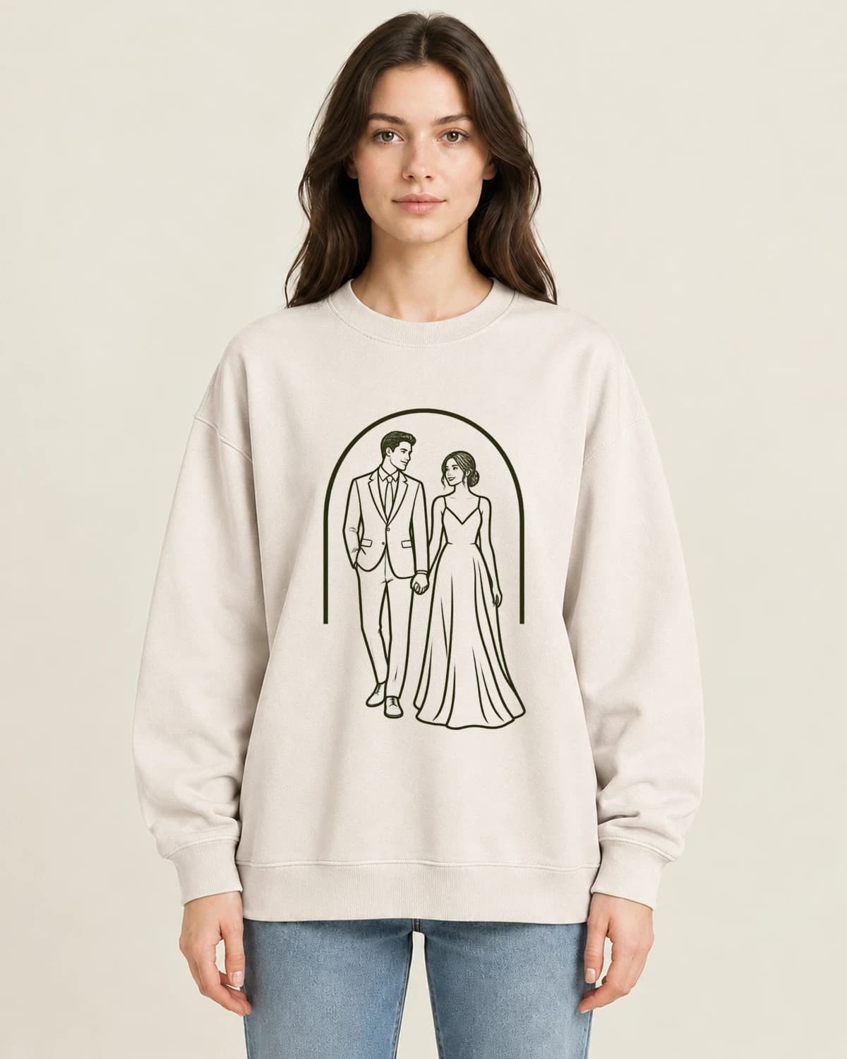Wedding Day Open Arch on women's 220gsm Apricot crewneck; illustrative styling