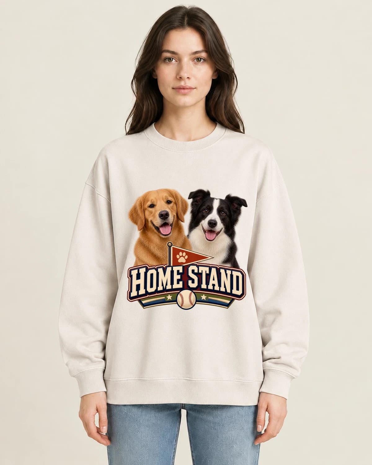 Double Dog Home Stand on women's 220gsm Apricot crewneck; illustrative styling