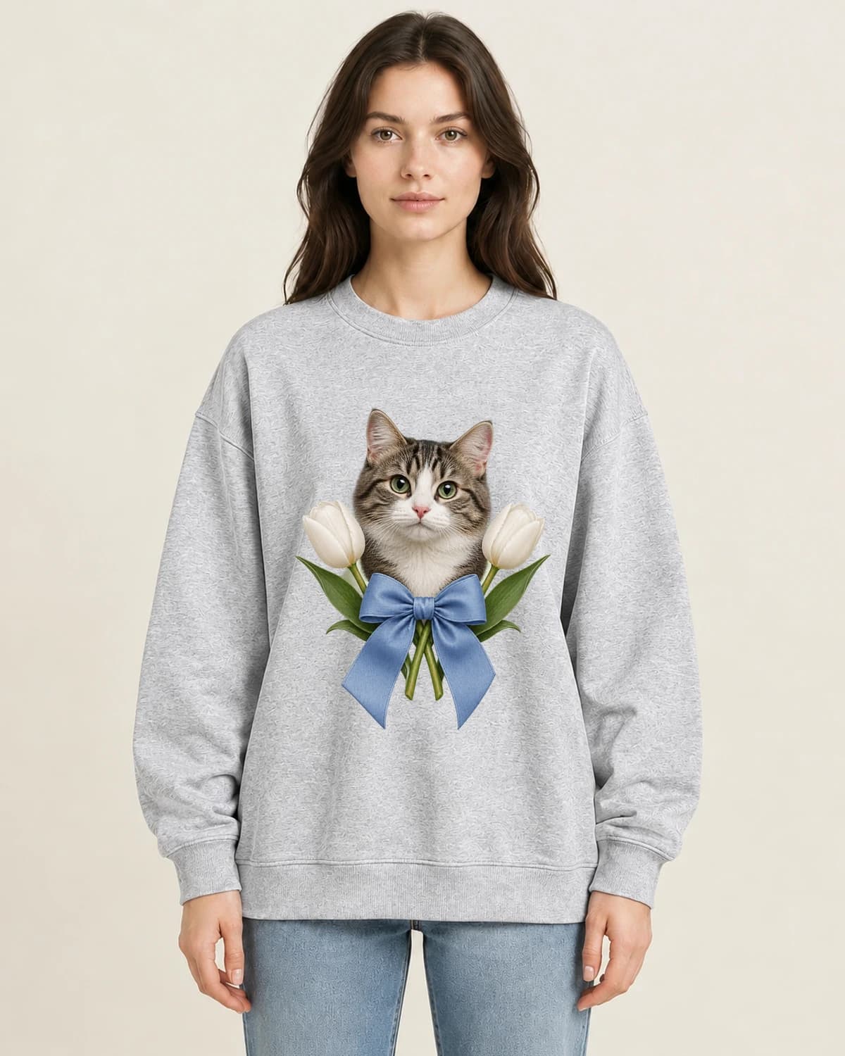 Cat And Blue Ribbon on women's 220gsm Gray crewneck; illustrative styling