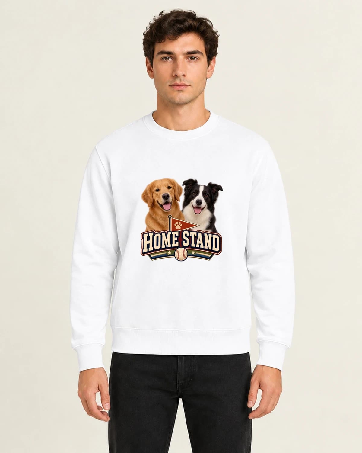 Two Dog Photo Sweatshirts: Double Dog Home Stand on men's crewneck; illustrative styling
