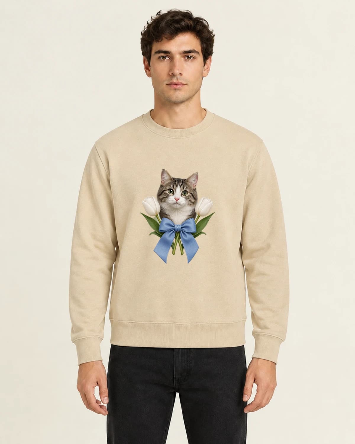 Cat And Blue Ribbon, men's 260gsm Sand; illustrative styling