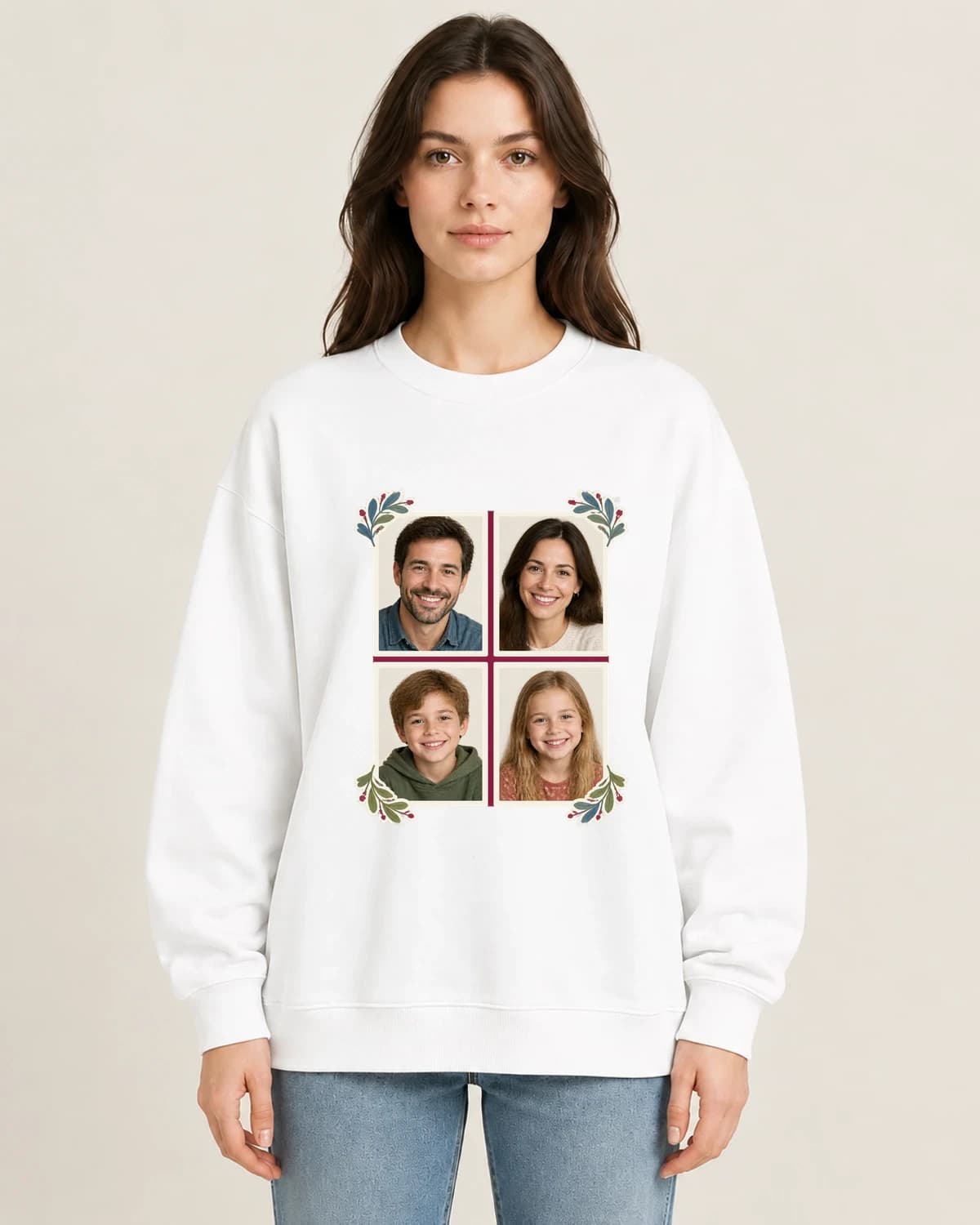 Four Faces Reunion Press on women's 220gsm White crewneck; illustrative styling
