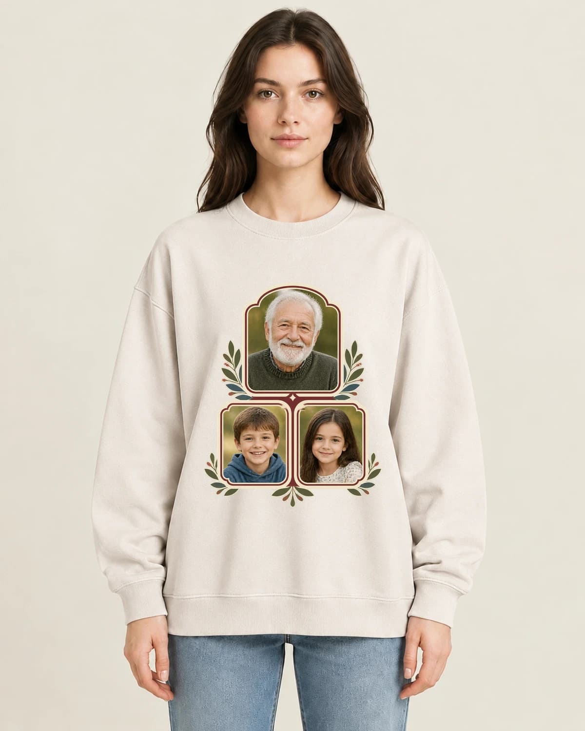 Grandpas Photo Collection on women's 220gsm Apricot crewneck; illustrative styling