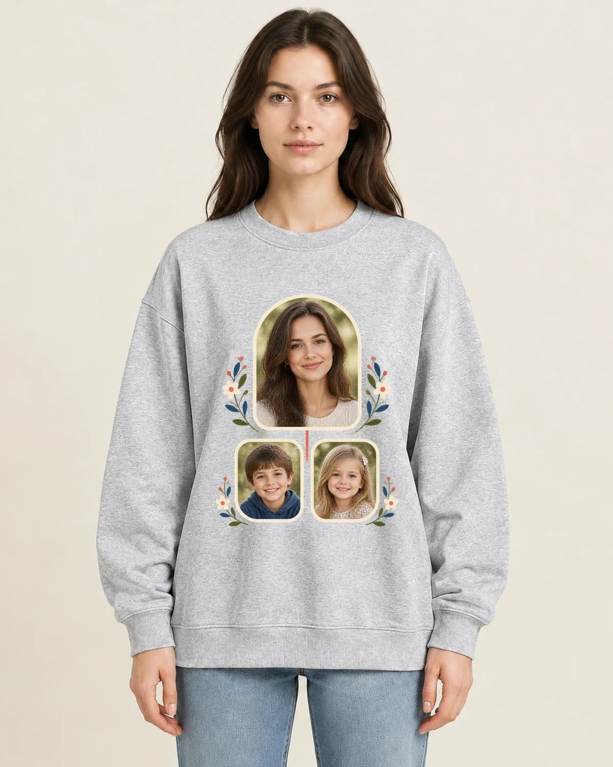 Her Two Favorite Faces on women's 220gsm Gray crewneck; illustrative styling