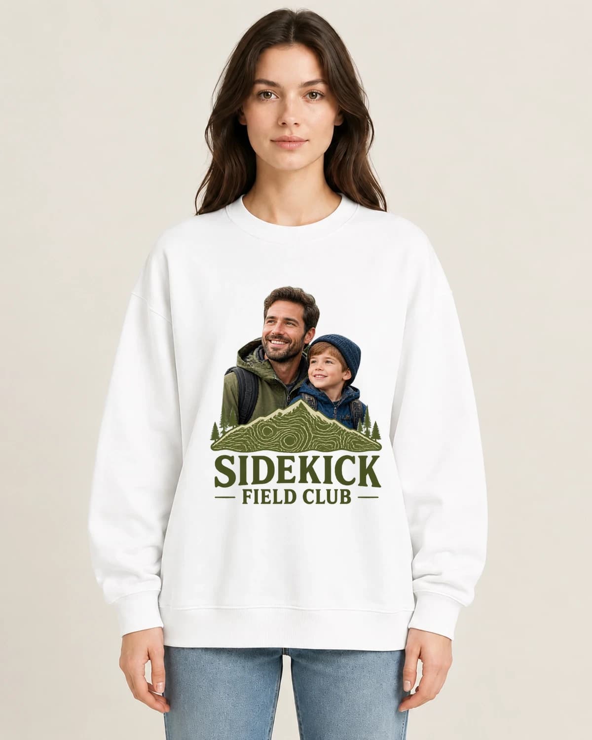 Dad Sidekick Field Guide on women's 220gsm White crewneck; illustrative styling